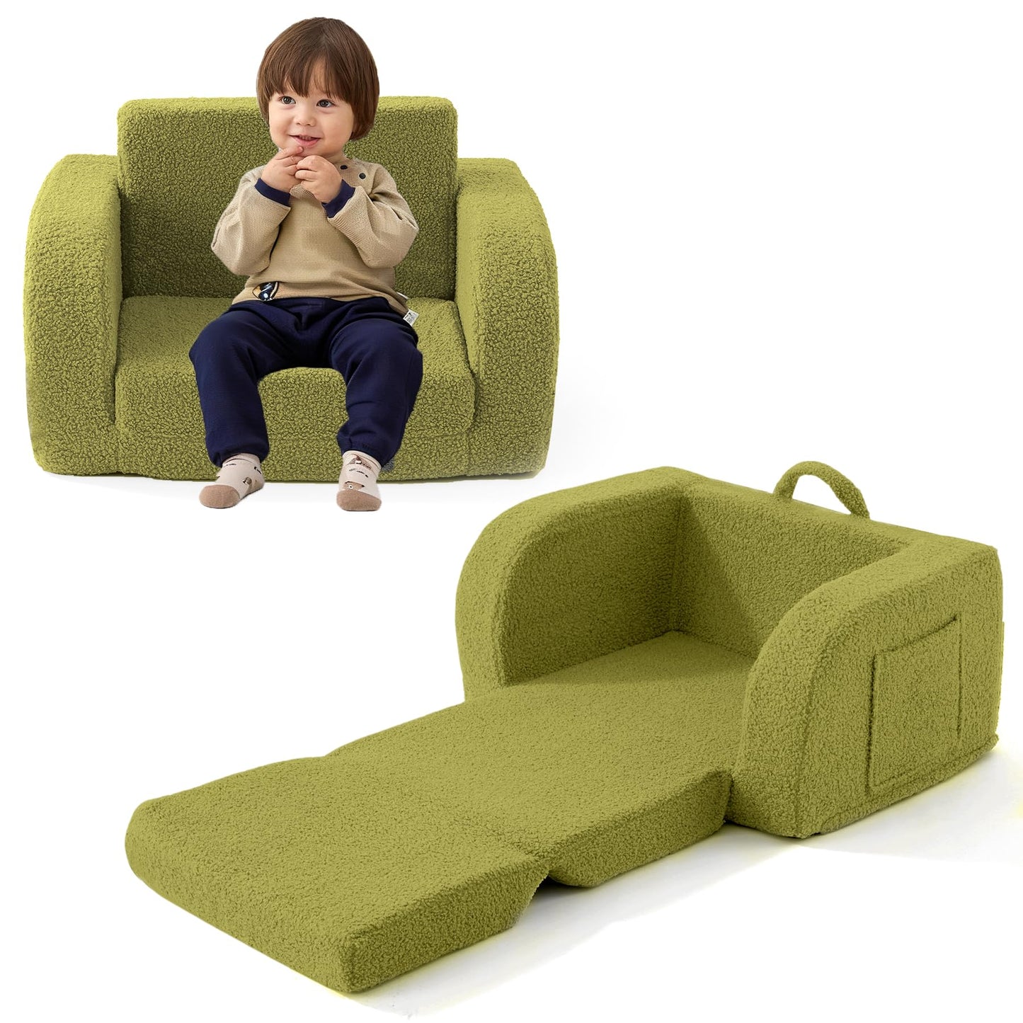 Toddler Couch, 2-in-1 Toddler Chairs Comfy 1-3 Years Old, Toddler Chair for Girls and Boys, Kids Couch Bed Fold Out, Convertible Baby Sofa to Lounge Chair for Playing, Reading, Napping, Green