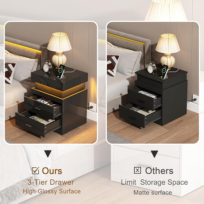 ChooChoo LED Nightstand Set of 2, Smart Night Standwith Charging Station and