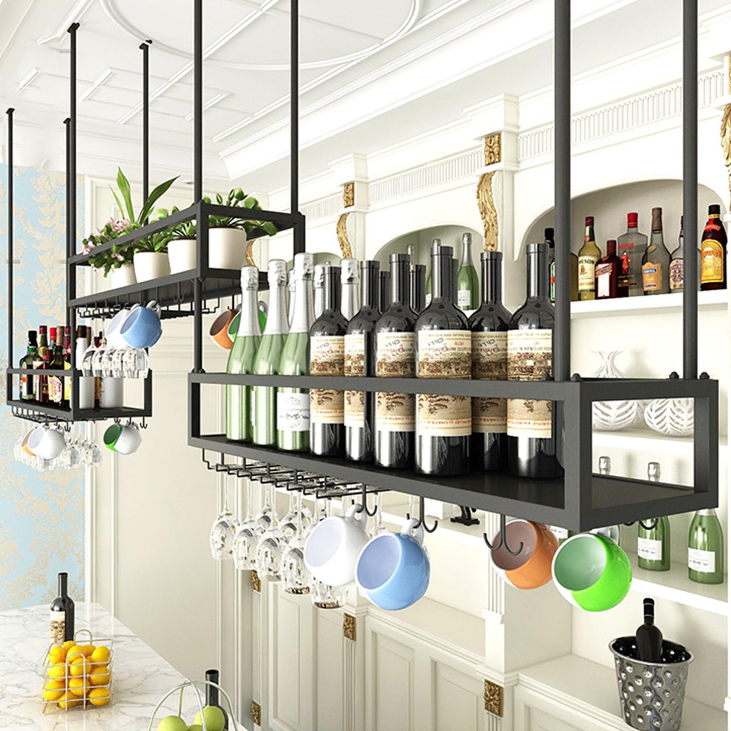 GDMEPMU Wall Mounted Floating Bar Shelves - Liquor Storage Rack with Wine Glass Holder for Home Bar, Kitchen, Dining Room & Cafe (Black, 31" - 80cm) - Stylish Mini Bar Cabinet