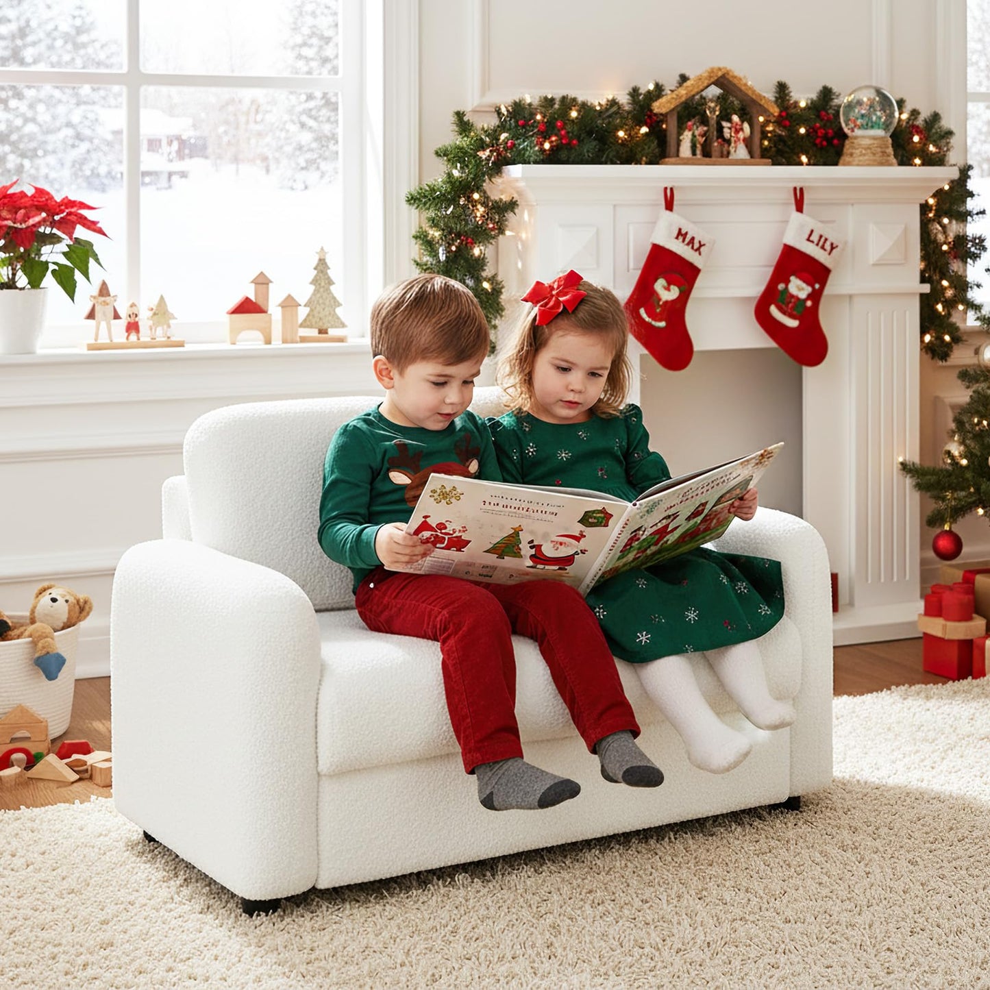 INFANS Kids Sofa, 2 Seat Soft Thick Upholstered Couch with Plush Fabric Solid Wooden Frame, Armrest Chair Lounge for Playroom Kids Boys Girls