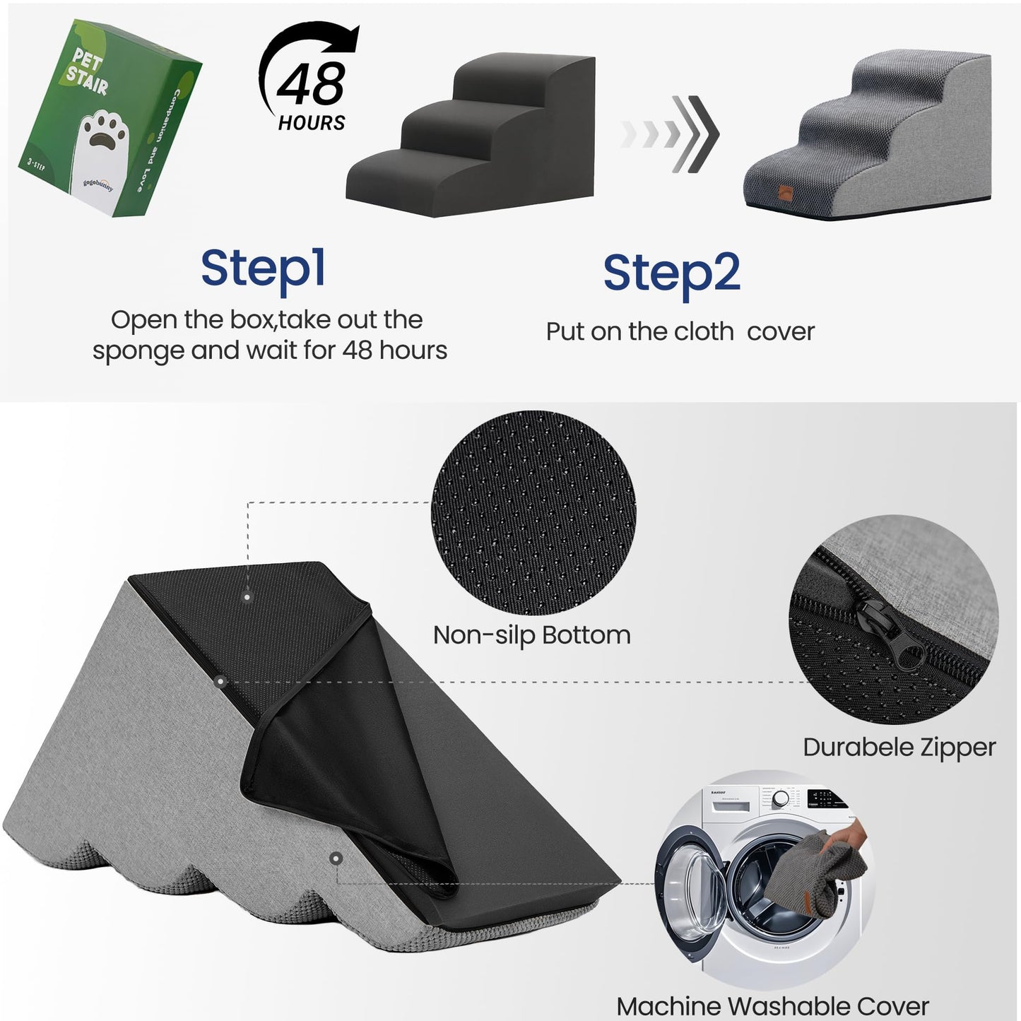 GoGoBunny Waterproof High Density Foam Curved Dog Stairs for High Beds Couches 19.7" H, 4-Step Ramp Dog Steps Friendly to Small Medium Dogs or Pets Joints, Non-Slip Balanced Durable Pet Step, Grey