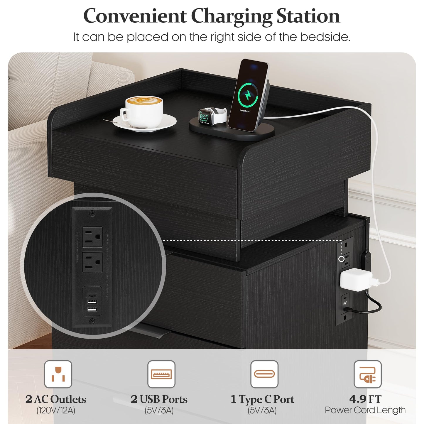 Turosur Night Stand Set 2 with Gun Drawer, LED Nightstand with Charging Station and Hidden Storage, Black Bedside Table with 3 Drawers, Wood Nightstands for Bedroom, Modern