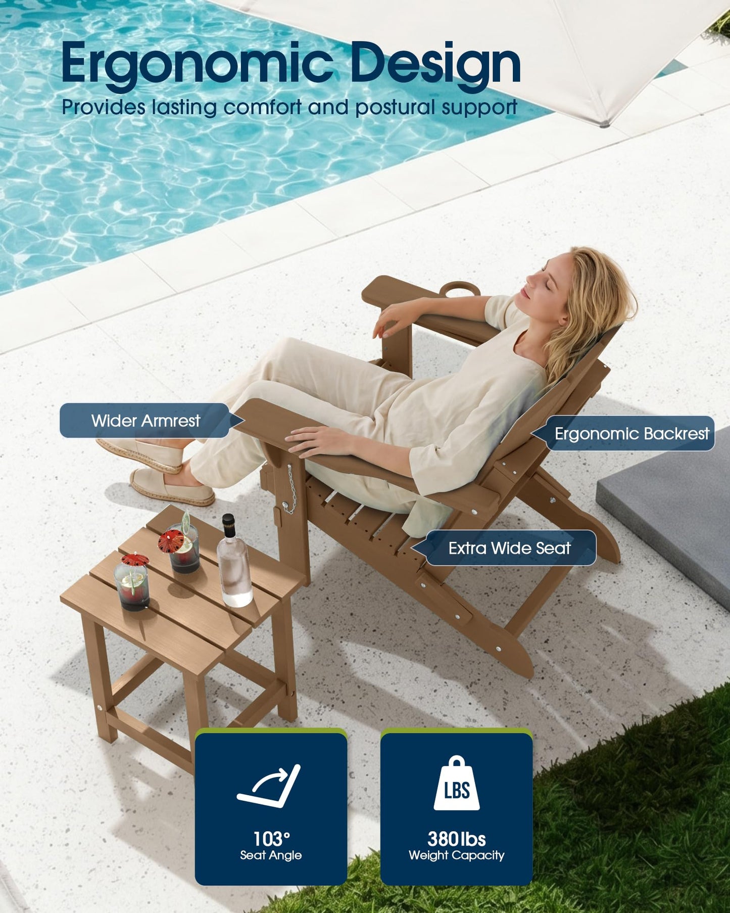 MUCHENGHY Folding Adirondack Chairs, Patio Chairs, Lawn Chairs, Outdoor Chair, Adirondack Chair Plastic, Fire Pit Chairs, Weather Resistant with Cup Holder for Deck, Backyard, Garden(Teak)