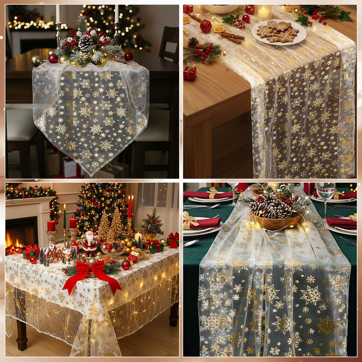 Newwiee 3 Pcs 120 Inch Christmas Gauze Table Runner Beige Gold Winter Snowflake Glitter Metallic Sequin Chiffon Tulle Party Table Decor Centerpiece for Wedding Xmas Baby Shower Birthday