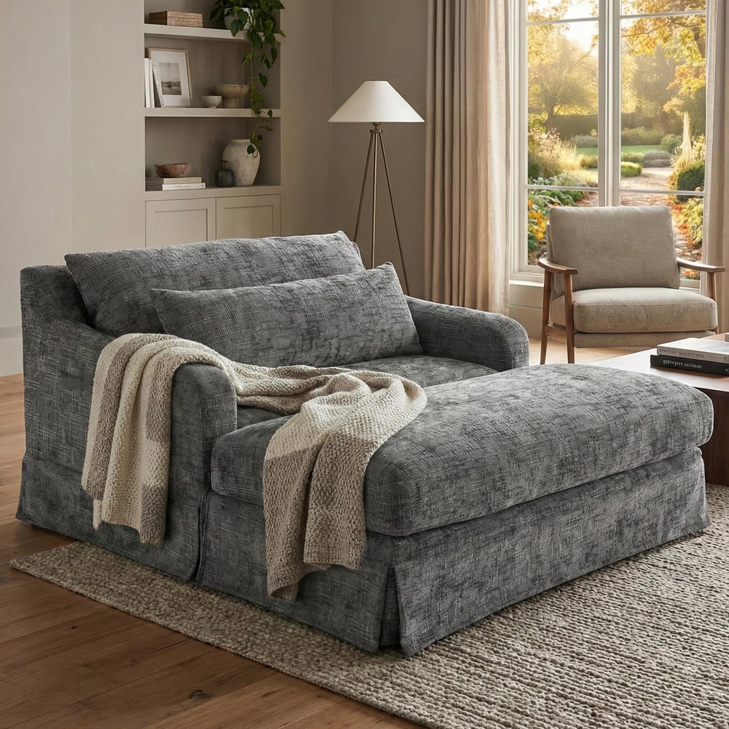 GDFStudio Chenille Sofa Bed Loveseat, Convertible Sleeper Couch with Deep Seat, 900 lbs Capacity, Upholstered Lounge Sofa with Pillows, Modern Compact Sofa for Living Room Bedroom Guest Space, Grey