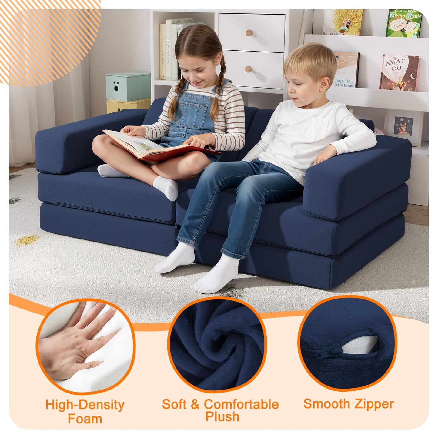 MeMoreCool Navy Blue Kids Couch 10-Piece Modular Play Couch Ages 3+