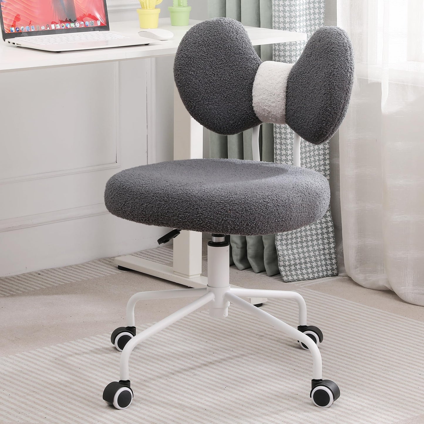 Shiepu Cute Desk Chair with Back,Comfy Small Office Chair with Wheels, Armless Adjustable Rolling Swivel Computer Chair for Home Office,Make-up Room,Bedroom,Vanity Chair for Girls,Teddy Velve,Grey