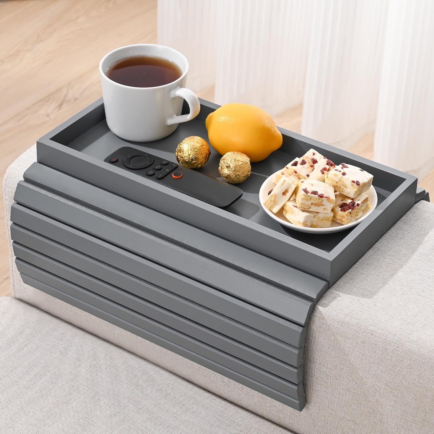 YUBAMIN Bamboo Sofa Arm Tray, Anti-Dropping Couch Arm Tray, Foldable Sofa Armrest Tray Couch Arm Table for Eats, Drinks, Snacks, Remote, Cellphone, Cup Holder, Back Anti-Slip Pad Design
