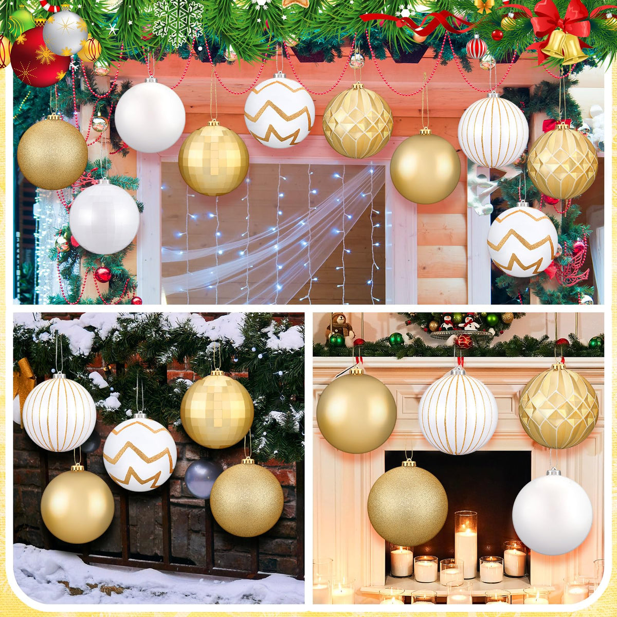 Wettarn Set of 8 Large Christmas Ball Ornaments 6 Inch White Gold Glitter Hanging Christmas Plastic Balls Indoor and Outdoor Hanging Christmas Tree Decorations for Lawn Yard Garden
