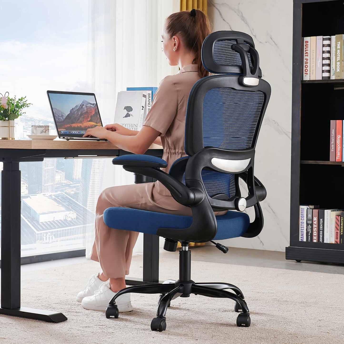 TRALT Office Chair Ergonomic Desk Chair, 330 LBS Home Mesh Office Desk Chairs with Wheels, Comfortable Gaming Chairs (Dark Blue)