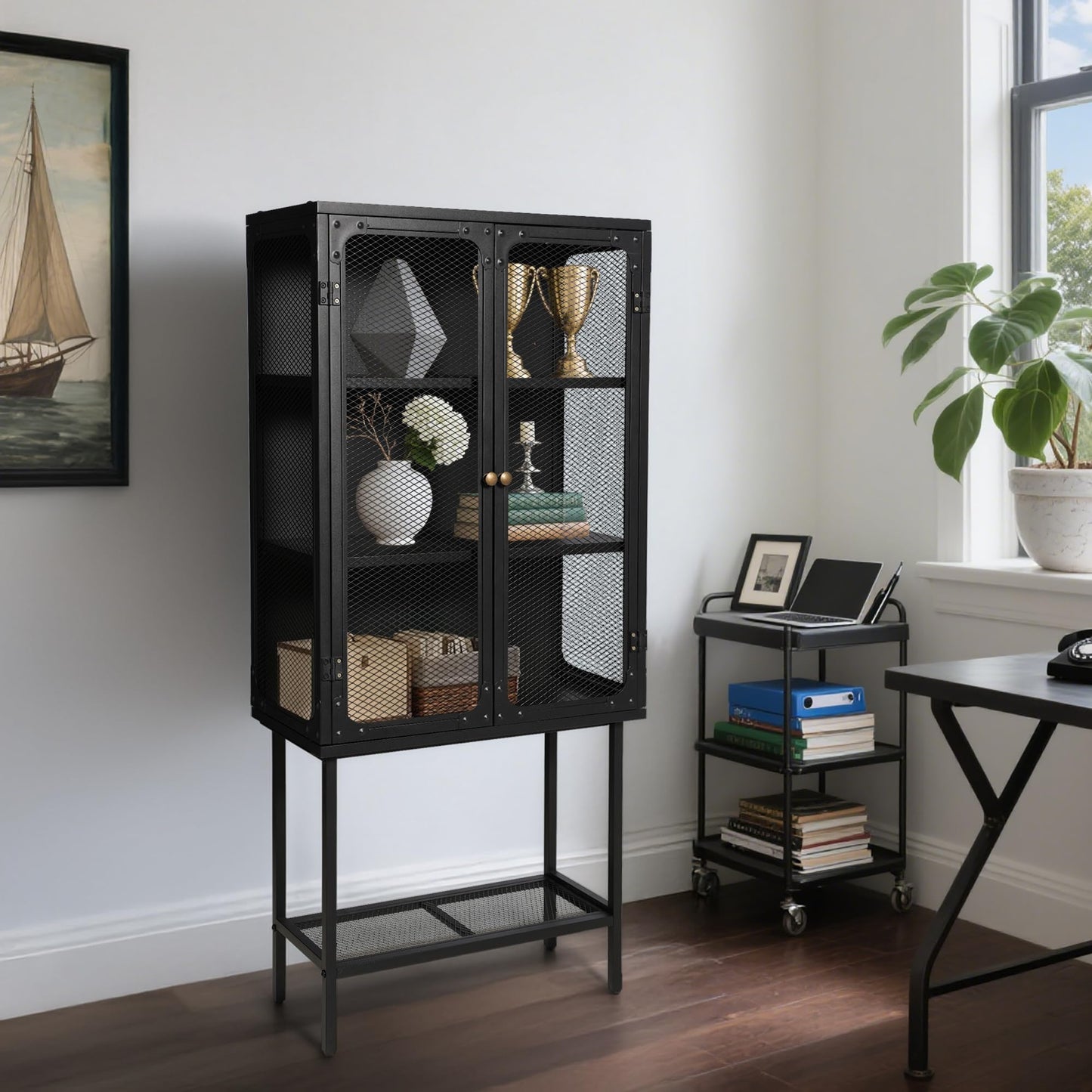 LOKKHAN Industrial Metal Display Cabinet, Black Mesh Door Storage Unit with Retro Handles, 59.1 x 27 x 12.6 Inch Tall Standing Shelving, Magnetic Holders, Adjustable Feet