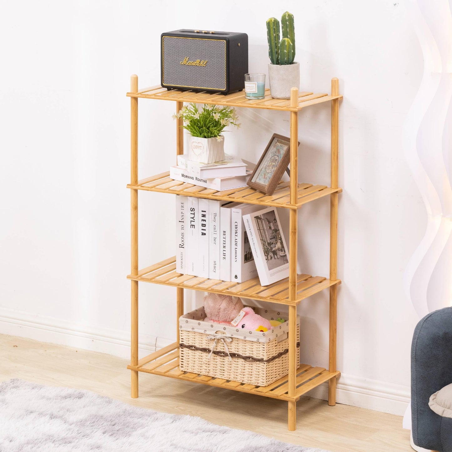 GOGOGO 4-Tier Expandable Bamboo Bookshelf - 150LBS Heavy-Duty, Tool-Free Assembly, Multifunctional Storage for Bathroom/Kitchen/Office Holder Plant Flower Stand (1, Natural, 4-Tier 12.8" D)