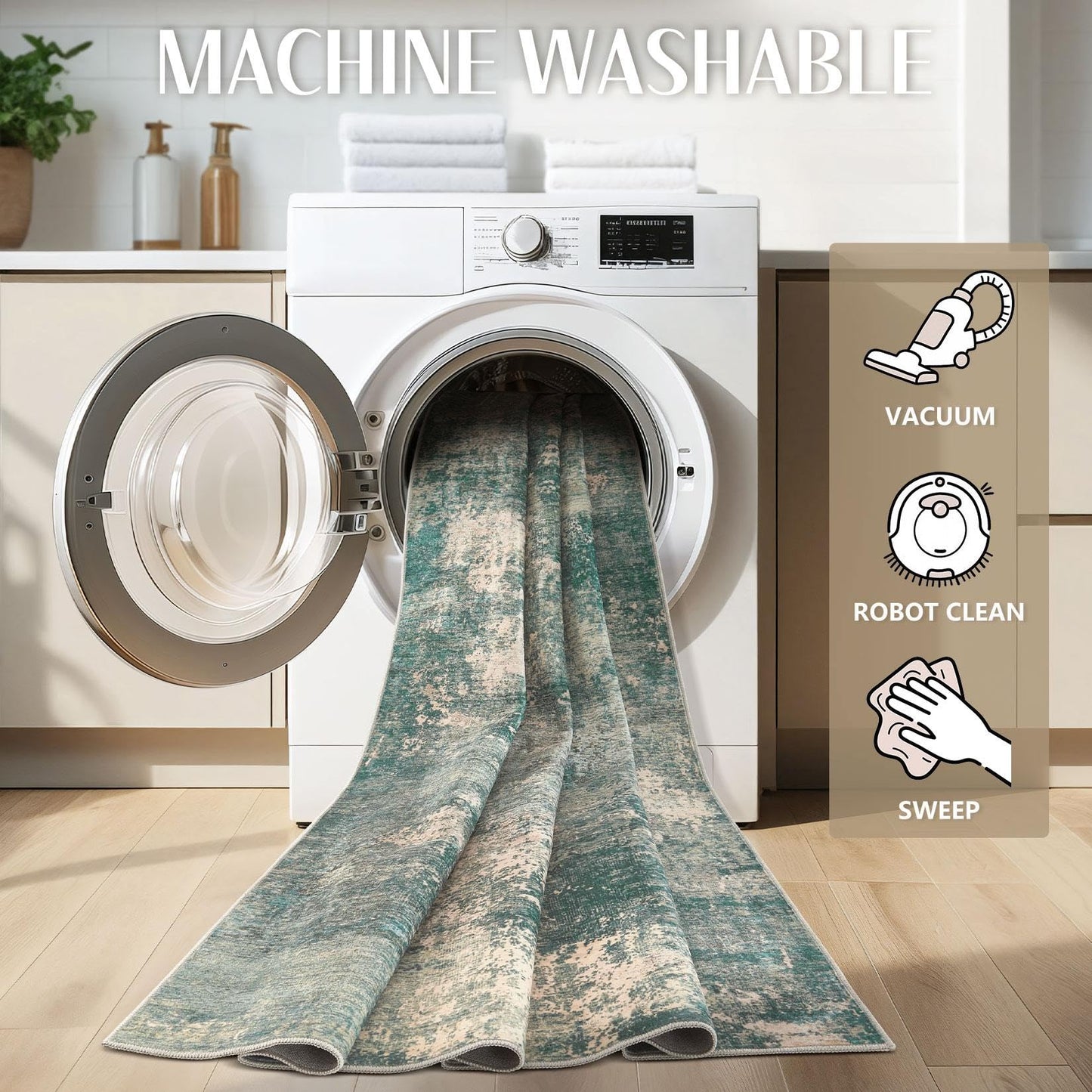 TARANCH Abstract 10x14 Area Rug: Machine Washable Non Slip Ultra Thin Low-Pile Carpet, Soft Stain Resistant for Living Dining Room Bedroom, Kid Pet Friendly, Robot Vacuum Compatible - Dark Green/Beige