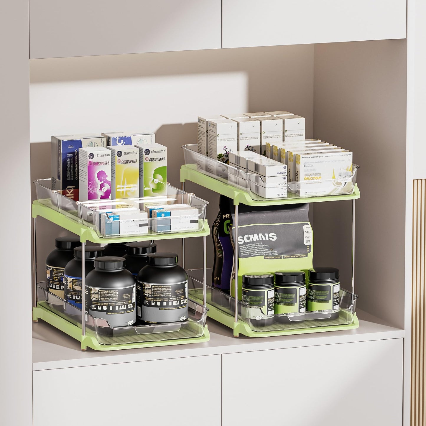 Delamu 2-Tier Multi-Purpose Bathroom Under Sink Organizers and Storage, Stackable Kitchen Pantry Organization, Pull Out Medicine Cabinet Organizer with Movable Dividers, Green, 2 Pack