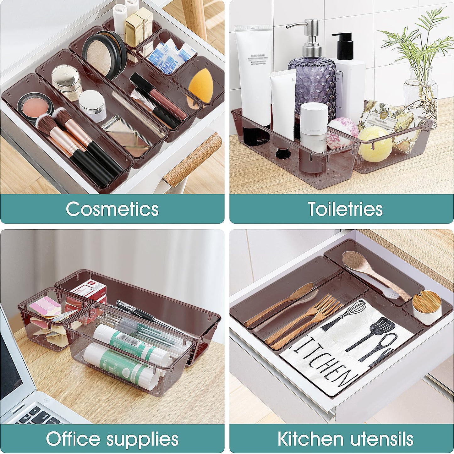 WOWBOX 25 PCS Plastic Drawer Organizer Set, 4 Sizes Desk Drawer Divider Organizers and Storage Bins for Makeup, Jewelry, Gadgets for Kitchen, Bedroom, Bathroom, Office, Clear Brown