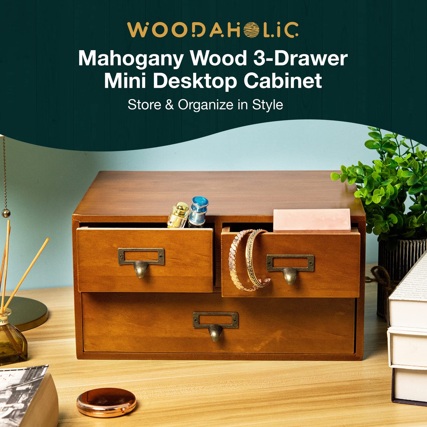 Modular Stackable Desktop Apothecary Cabinet with 3 Drawers - Solid Wood Medicine Cabinet for Tabletop - Card Catalog Drawers with Label Holders - Desktop Chest Drawer for Storage and Organization