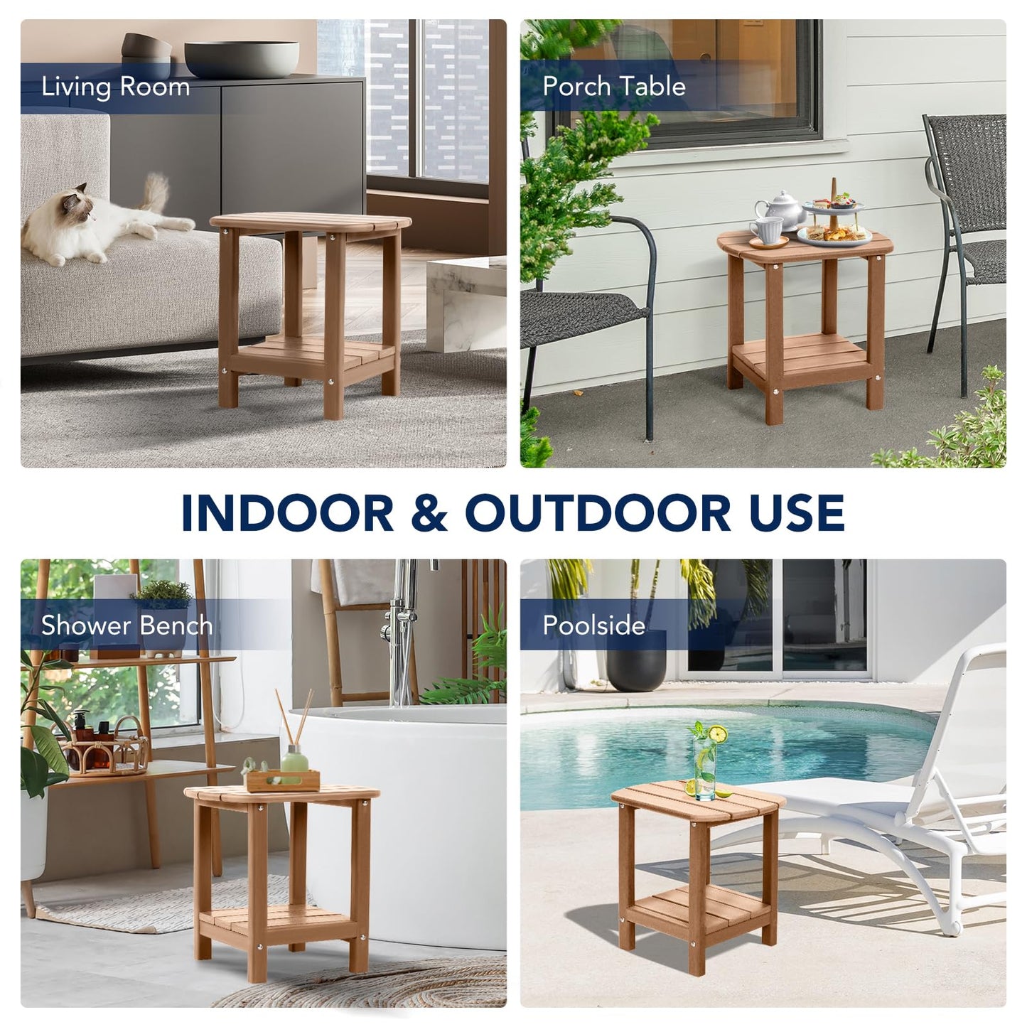 nalone Adirondack Side Table 16.5" Outdoor Side Table HDPE Plastic Double Adirondack End Table Small Table for Patio (Teak)
