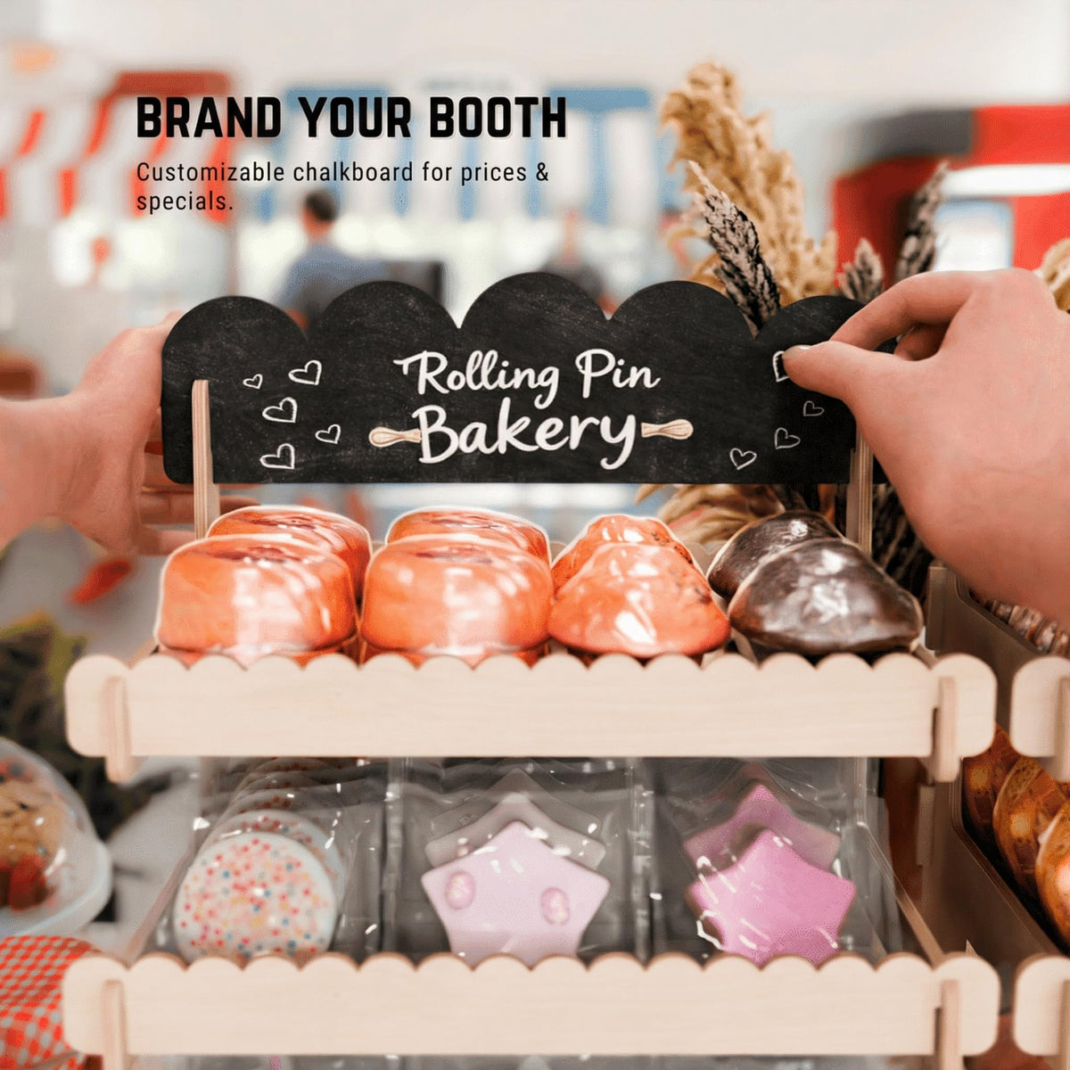 HOTCAN Wooden Cookie Display Stand with Chalkboard Sign for Bakers, Vendors, Craft Fairs | Pastry Display for Market Booths & Events | 4 Tiered Cookie Display for Muffins, Cakes, and Pastries(Natural)