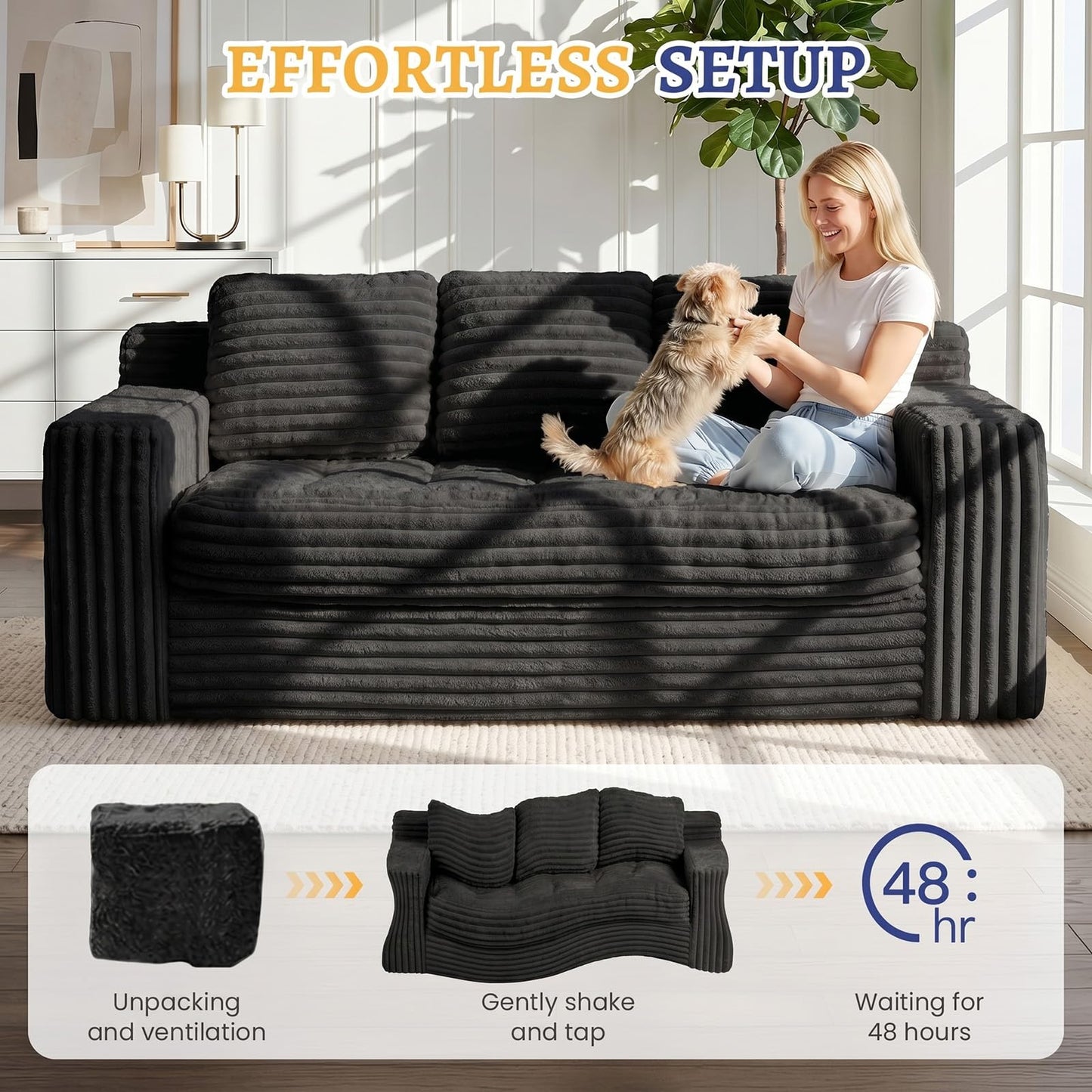 NLDD Boneless Couch, Cloud Loveseat Sofa Corduroy Couch in a Box, Upholstered Boneless 3 Seater Couch for Living Room Bedroom Office Apartment, No Assembly Required, Black