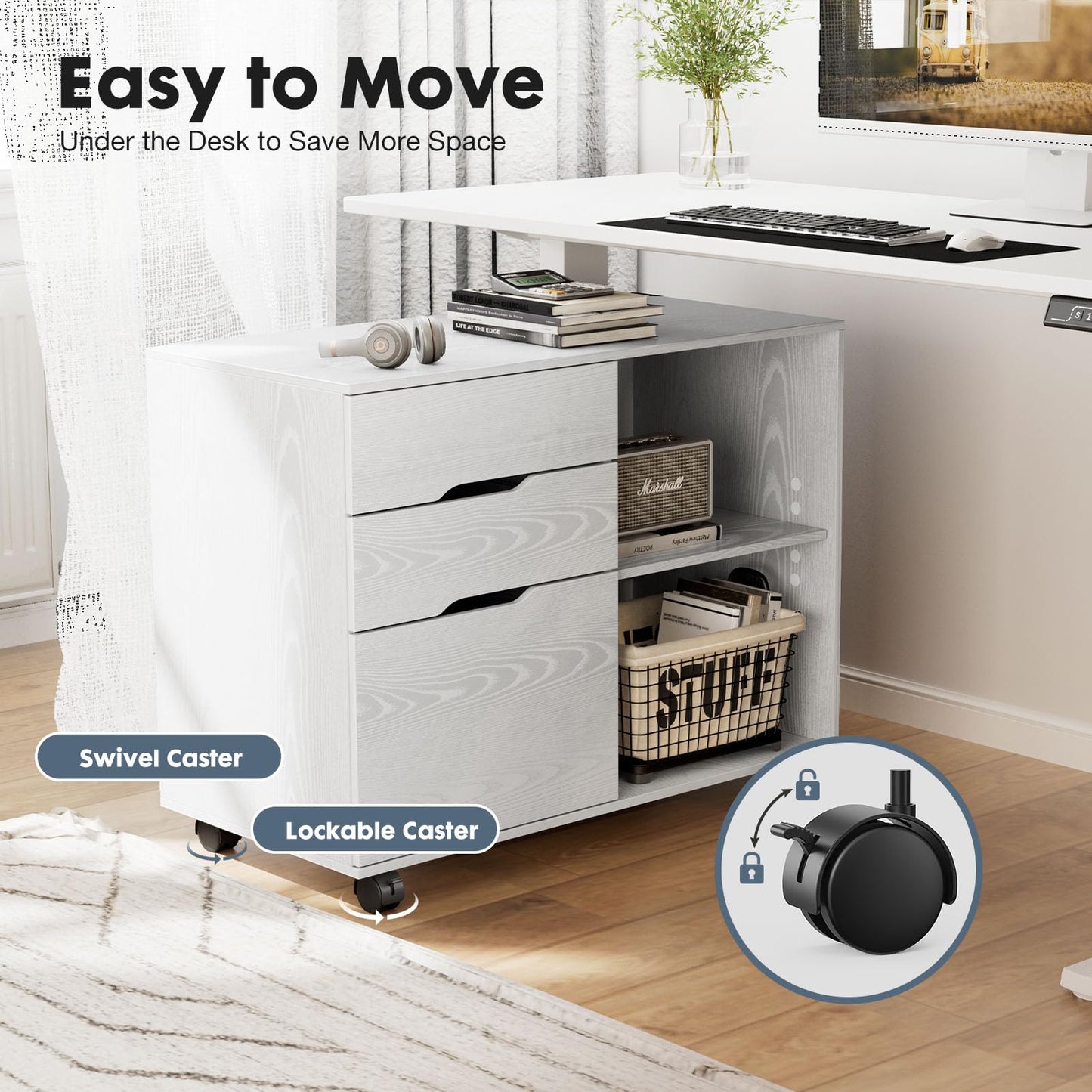 DUMOS Rolling File Cabinet with 3 Drawers, Wood Under Desk Printer Stand with Wheels and Adjustable Shelves, Lateral Filing Cabinet for Home Office, Small Space Storage Organizer, White