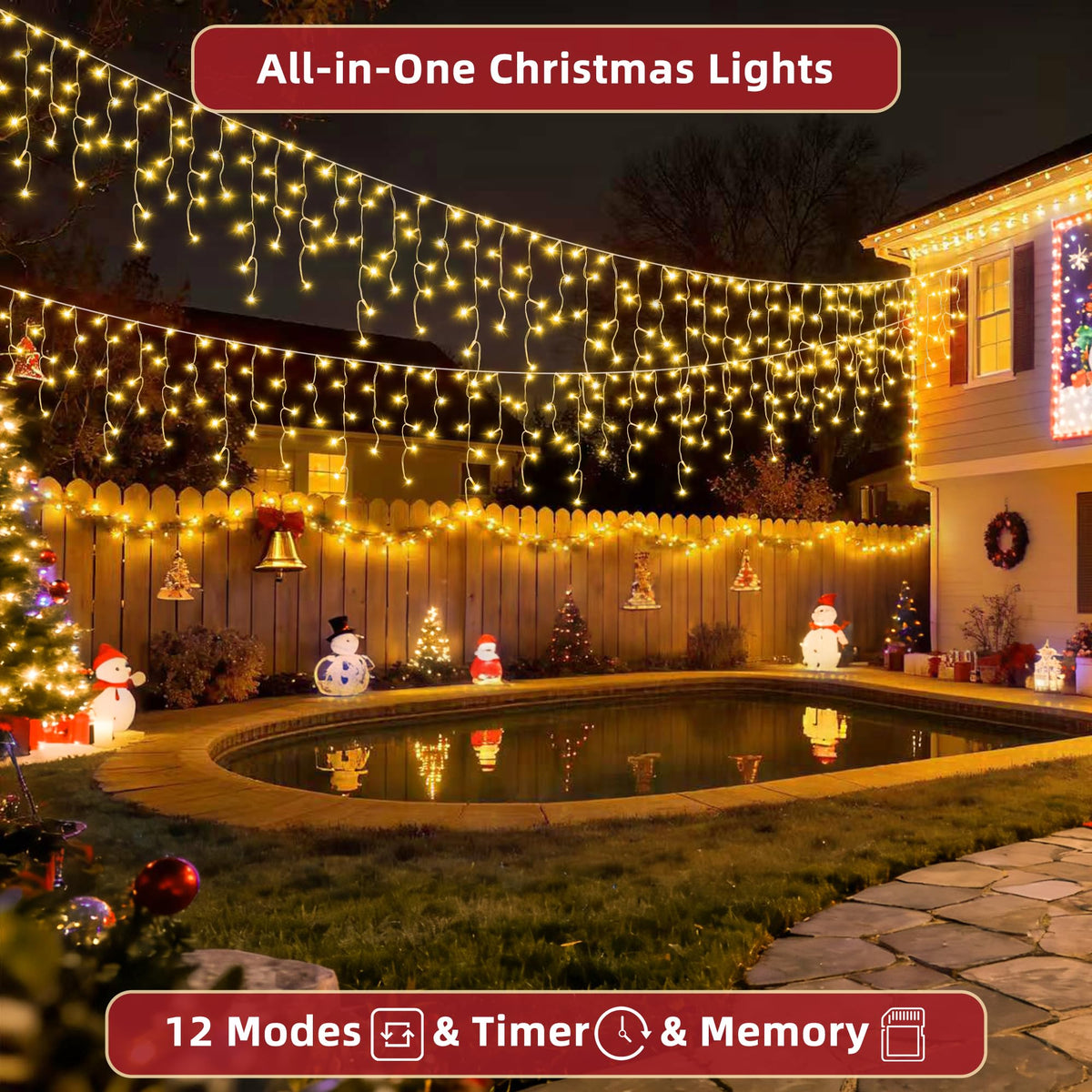 1332 LED 132ft Christmas Lights with 296 Drops, 12 Lighting Modes Warm White Christmas Decoration Twinkling Lights Dimmable, Timer Outdoor Waterproof Fairy Lights for Indoor Garden House Eaves Roof
