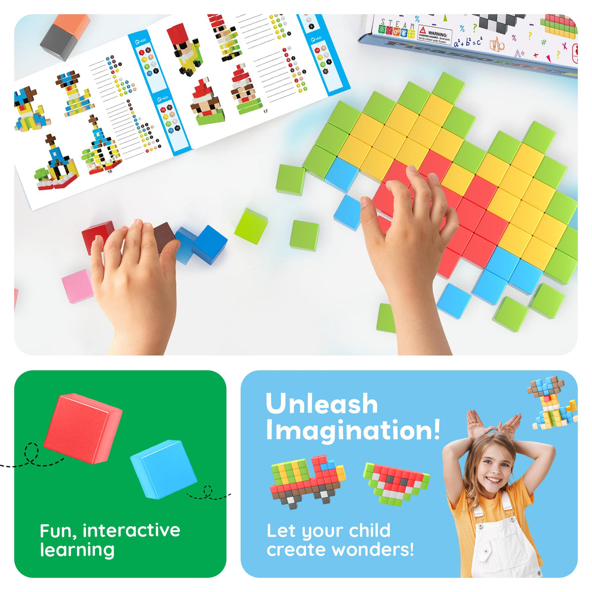PicassoTiles 108pcs 1” Magnetic Puzzle Cubes Magnet Toys Preschool Construction Building Block Set Sensory Toy Early Education STEM Learning Come with Ideabook for Children Age 3+ Boy Girl PMC108
