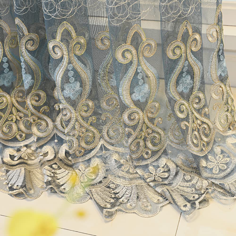 Amidoudou 1 Pair European Jacquard Sheer Curtains Embroidered Tulle Curtains Living Room Bedroom Luxury Translucent Window screening (Blue Grey,63x96 Inch)