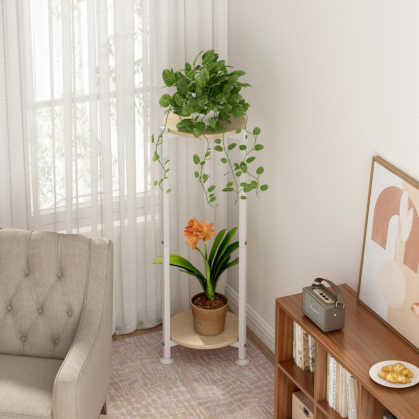 YIZAIJIA Plant Stand Indoor Corner Tall 2 Tier Metal Modern Flower Storage Plant Shelf Holder for Living Room Balcony Garden,White (2 Tier-White Round)