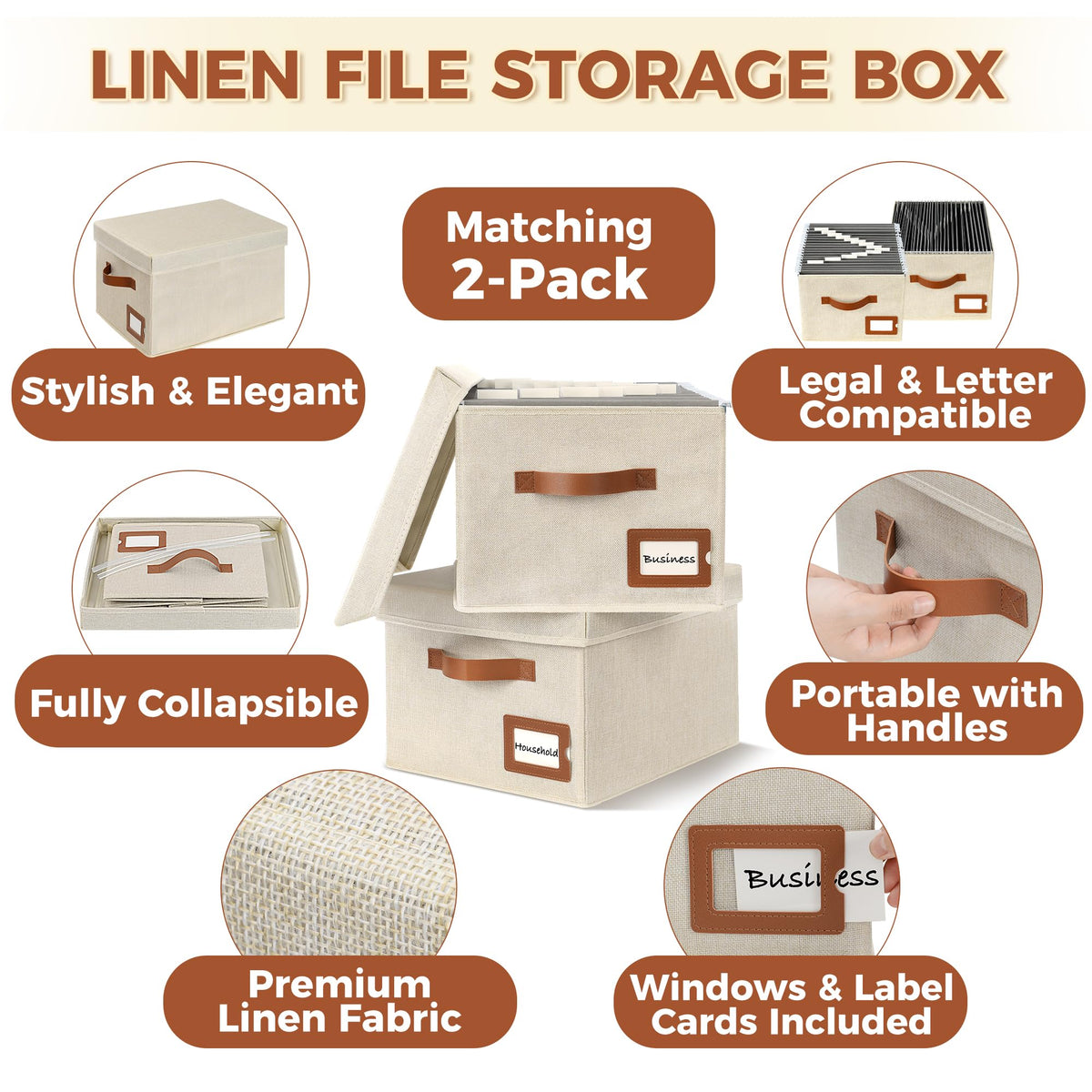 Storage Standard 2-Pack File Organizer Box with Lid - Collapsible Hanging Linen Document Organizer Portable File Boxes, Lightweight & Portable Filing Box Crates with Handles & Extras, Ivory