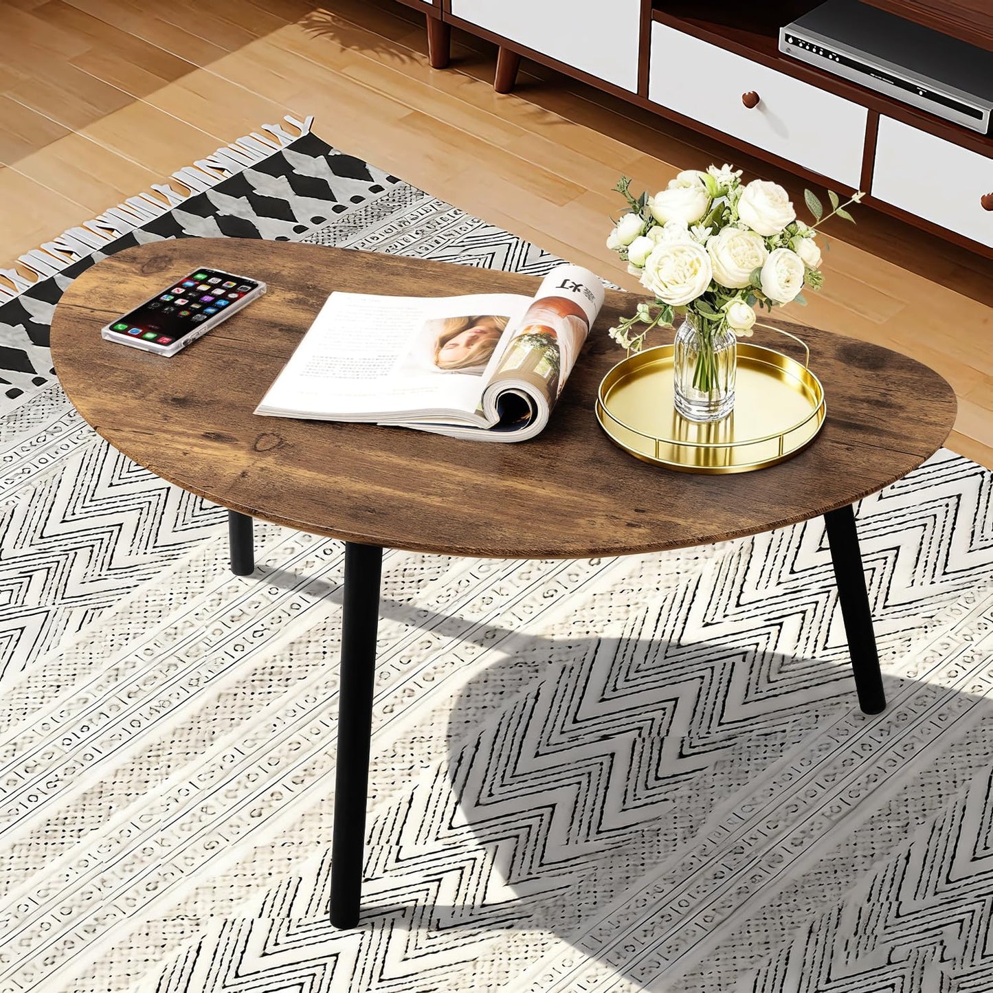 WDSHIYI Small Oval Coffee Table Espresso Wood Mid Century Modern Coffee Tables Unique Retro Farmhouse Accent Center Sofa Rustic Table for Living Room 34"x19"x16"
