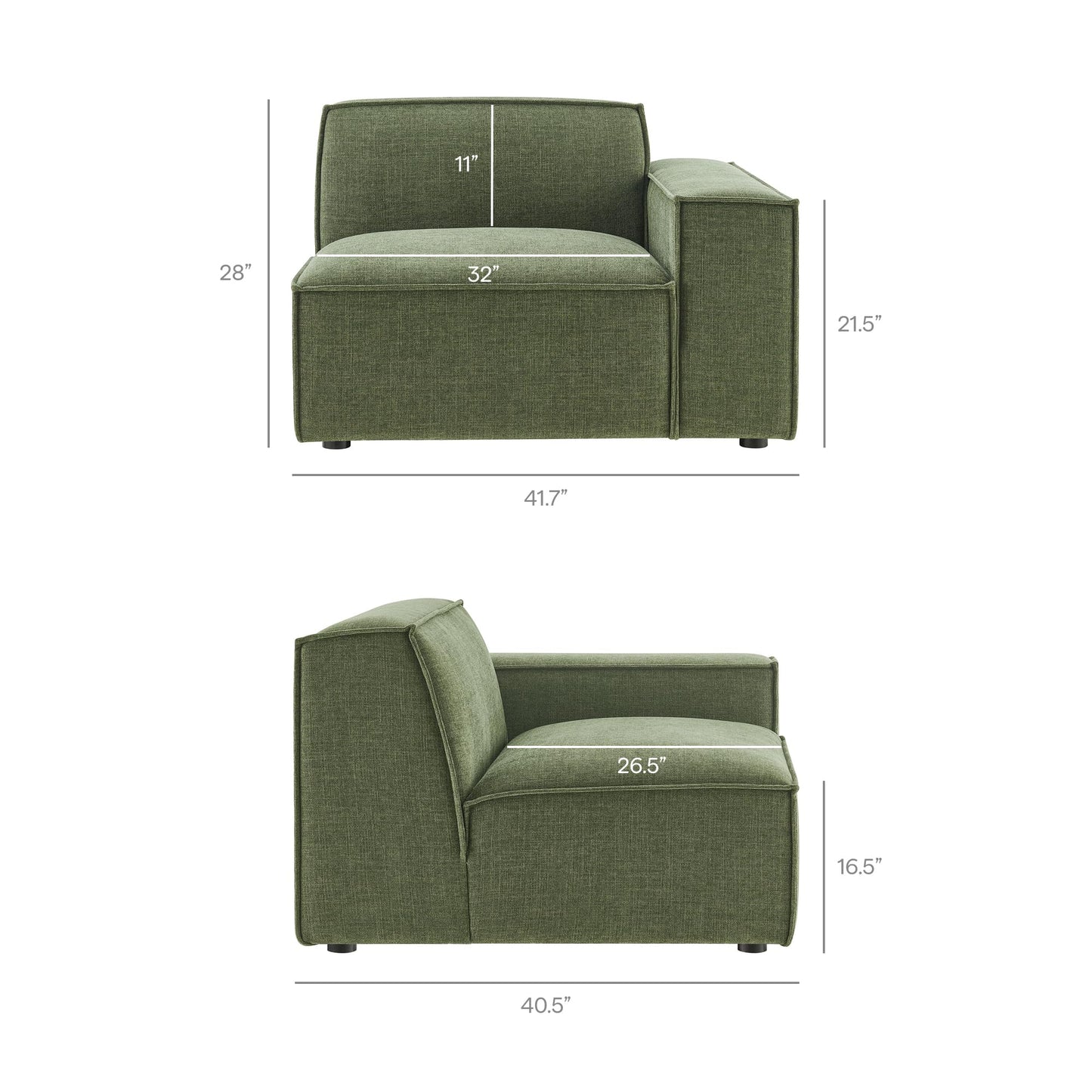 Modway Restore Performance Fabric Upholstered 4-Piece Modular Sofa Set with Ottoman in Foliage - Low Profile Sectional Sofa with Coil Seat Support and French Piping