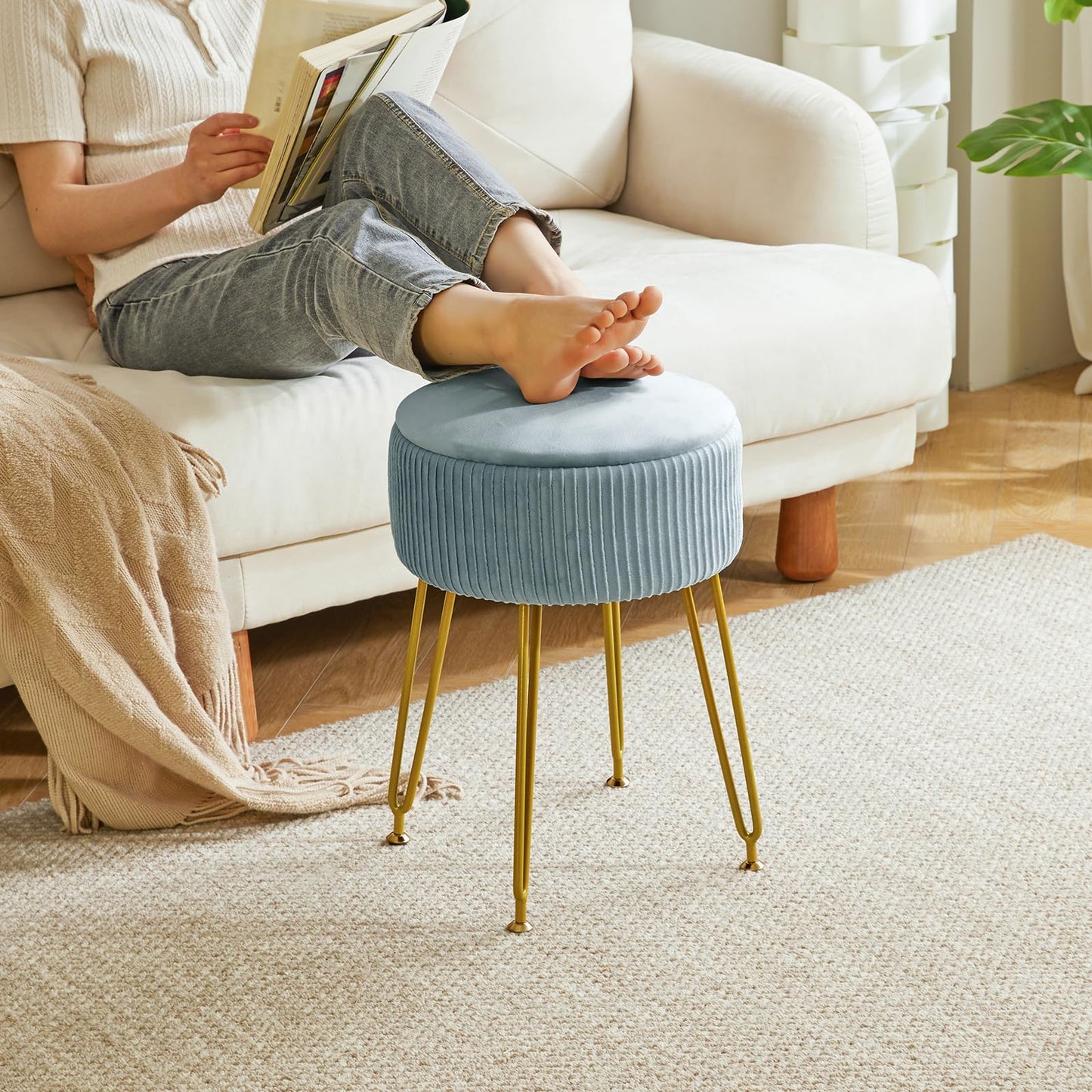 IBUYKE Velvet Storage Footrest Stool Ottoman, Makeup Vanity Stool Side Table with Golden Steel Legs Removable Cover, Coffee Table Top Cover, Blue LG-20H
