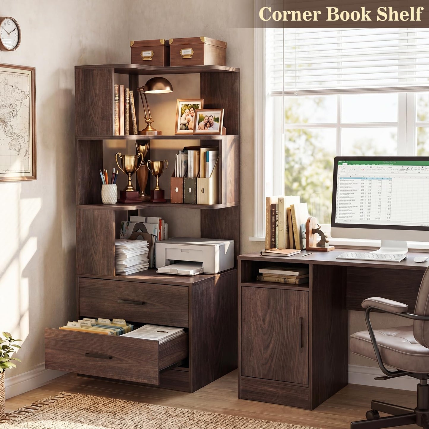 Armocity Corner Bookshelf with Drawers, 6 Tier Corner Book Shelf Display Bookcase, Freestanding L Shaped Bookshelf for Bedroom, Living Room, Home Office, Black Walnut