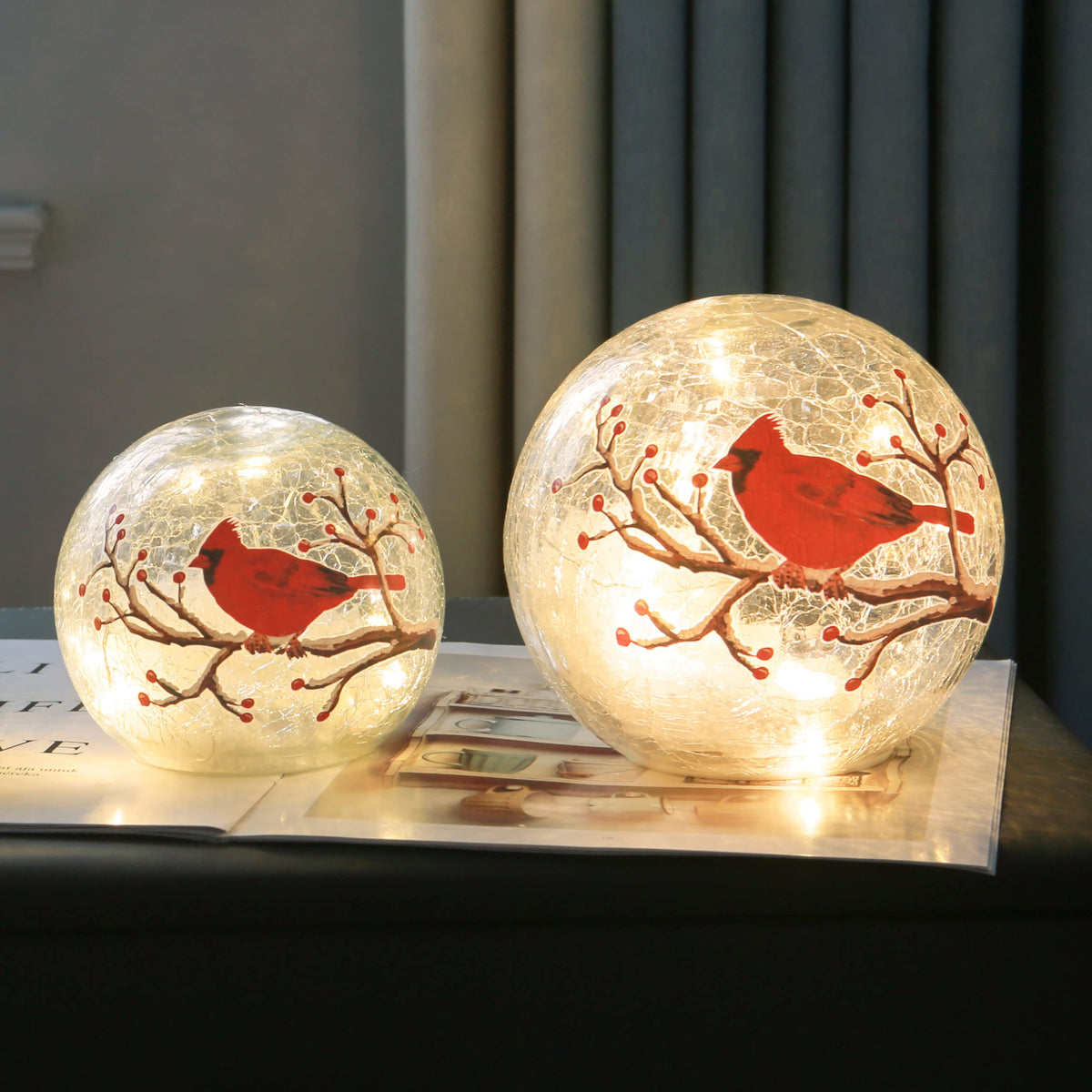 Kaowod Crackle Glass Cardinal Lamp with Timer, Battery Operated Large Red Cardinal Stained Glass Christmas Decor Accent Ball Lamp, Lighted Up Red Bird Globe Table Light, Led Sphere Desk Lamp