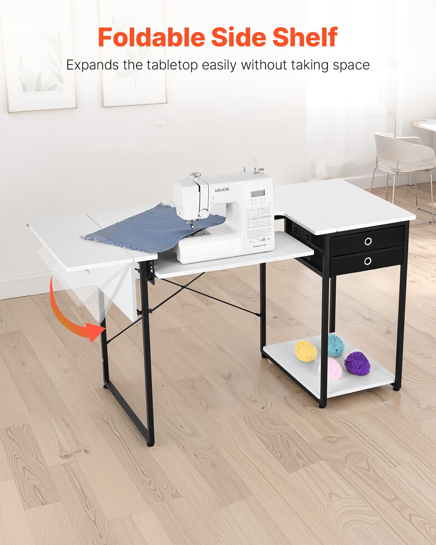 VEVOR Sewing Table, Multipurpose Sewing Machine Table with Foldable Side Shelf, Adjustable Shelf, Steel Legs, Computer Desk for Home, Fashion Studio, Art Studio, Educational Institution, White