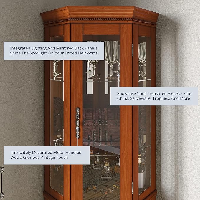 BELLEZE Lighted 3-Side Glass Display Curio Cabinet w/Tempered Glass Doors and