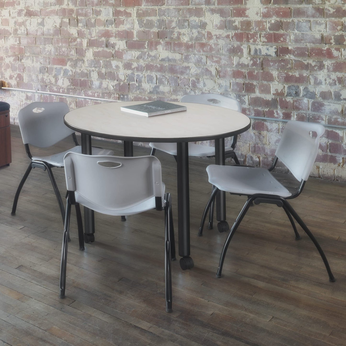 Romig Trek Small 30 in. Round Breakroom Table- Maple Top, Black Mobile Legs