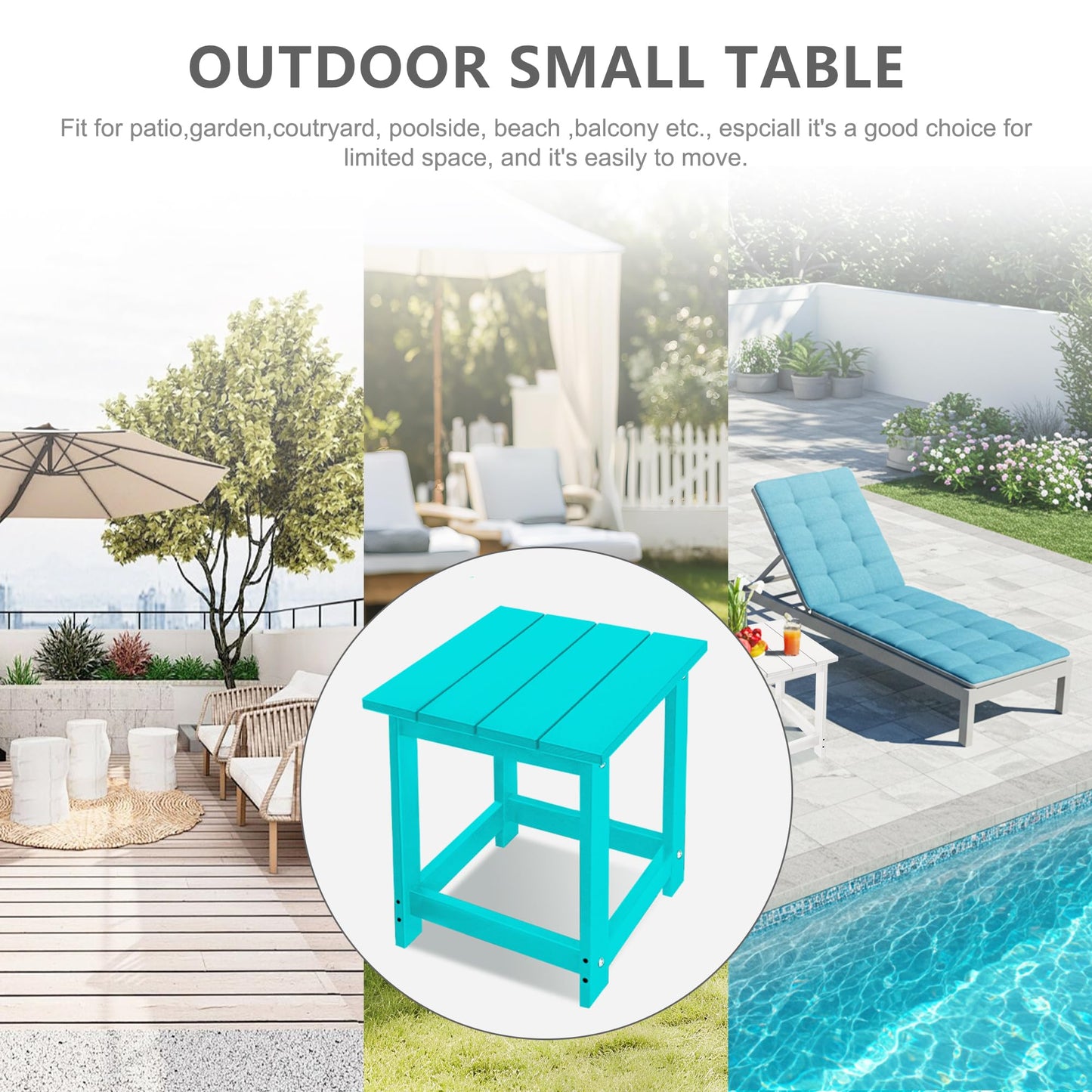 LZRS Square Patio Side Table, Heavy Duty HDPE Outdoor End Table with Wood Texture, Weatherproof Composite Table for Adirondack Chairs, Deck, Pool, Indoor/Outdoor, No Peeling or Cracking(Turquoise)