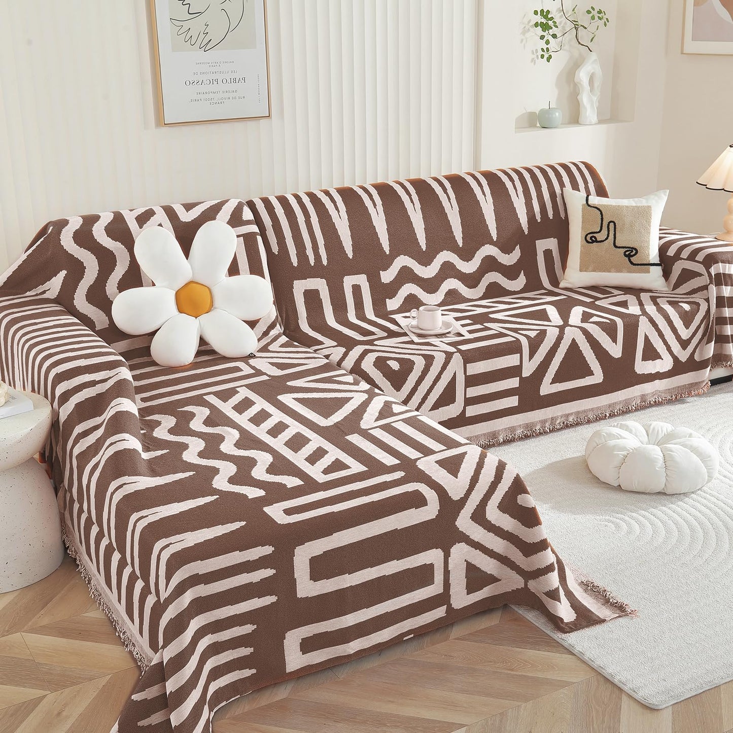 Royhom Sectional Couch Covers 2 Pieces, L Shaped Couch Cover Blanket, Boho Sofa Covers Washable, Sofa Slipcover with Tassel, Suitable for All Seasons (71"x118"+71"x118", Coffee)