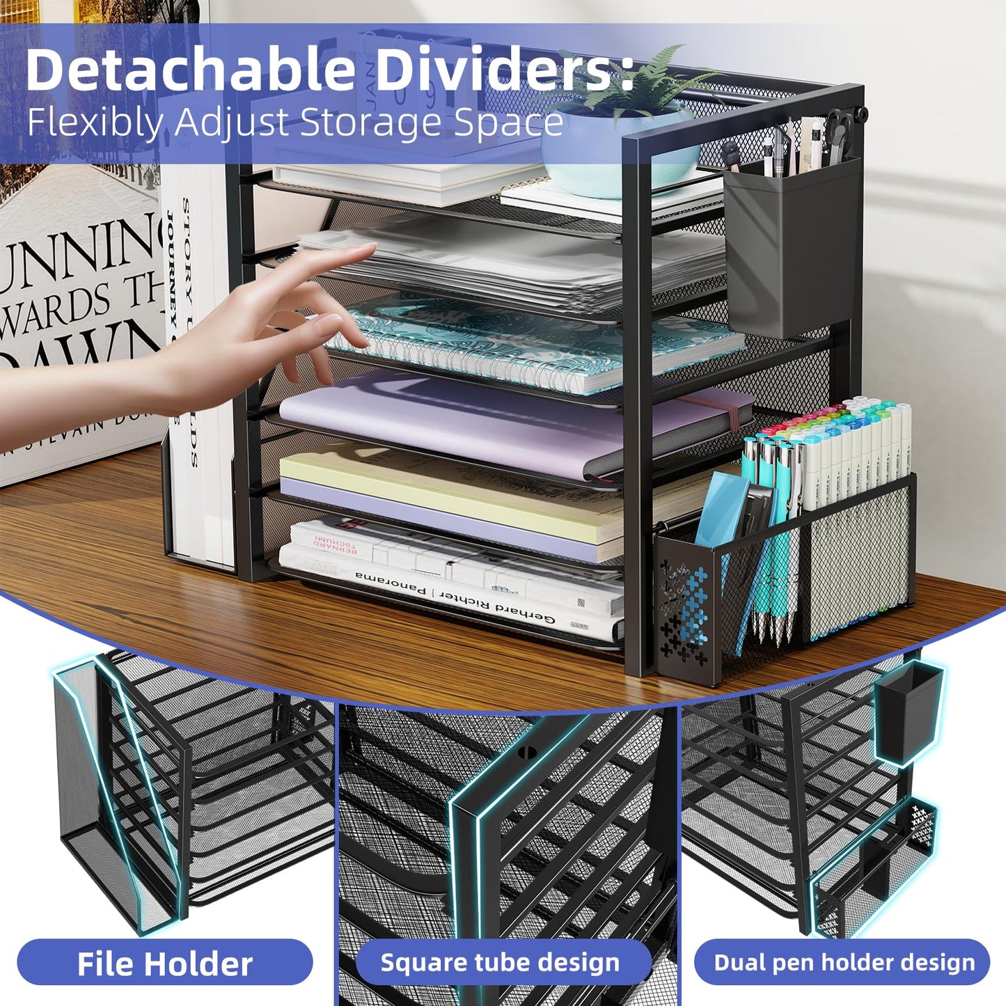 Simple Trending 6 Tier Desk File Organizer, Paper Letter Tray Organizer with File Holder and Pen Container, Black