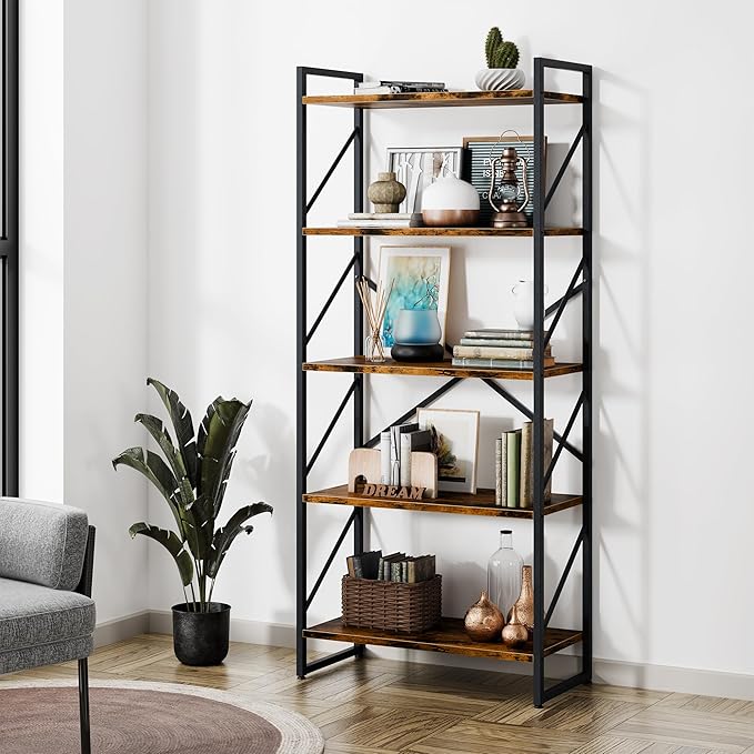 Shintenchi 5 Tiers Bookshelf, Classically Tall Bookcase Shelf, Industrial Book