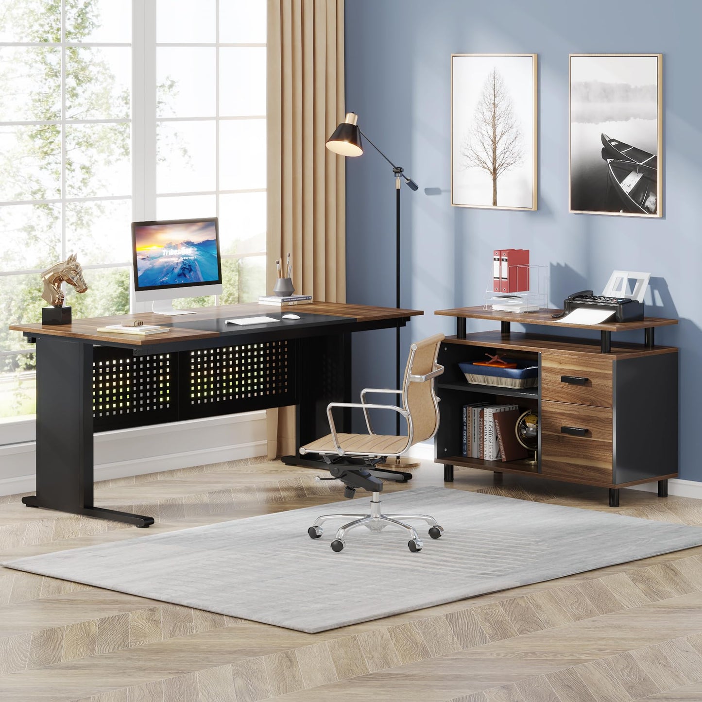 LITTLE TREE Large Computer Desk with File Cabinet, 63 Inch L Shaped Executive Office Desk with Drawers and Storage Shelves, Business Furniture Workstation for Home Office