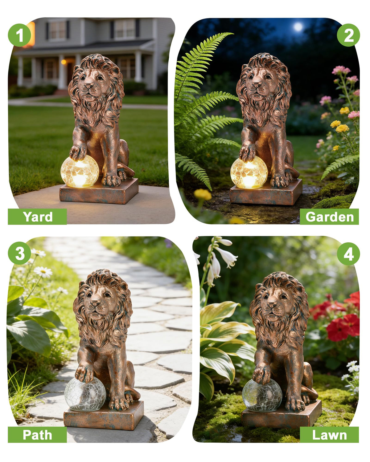 Nacome Guardian Lion Garden Decor: Outdoor Decoration Statue with Ball Lights for Yard Art Porch Patio Balcony - Unique Birthday Choice for Women Mom Lover - 9.45in (Copper)