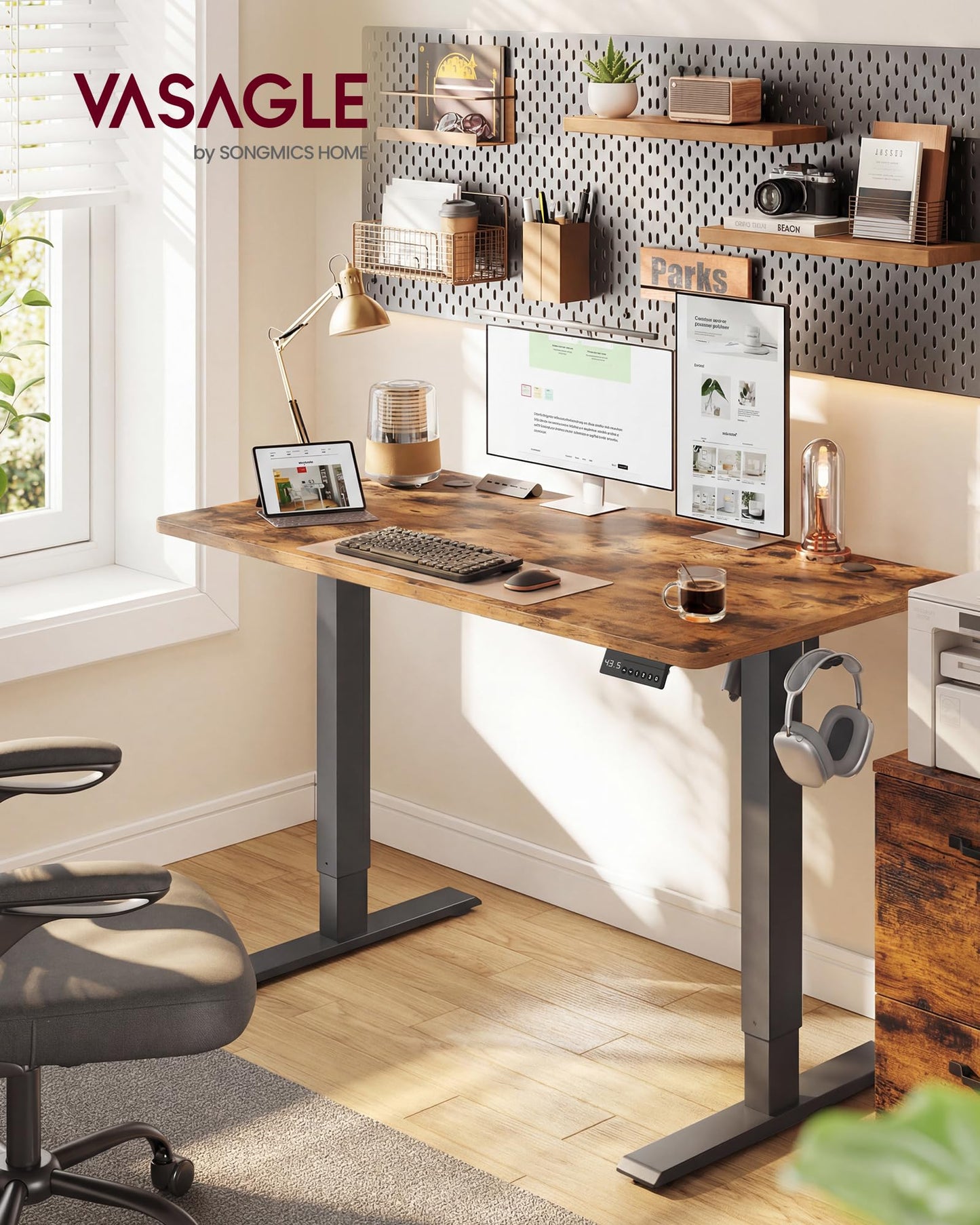 VASAGLE Electric Standing Desk, 47.2 x 23.6 Inches Height Adjustable Desk, Sedentary Reminder, 4 Memory Heights, for Home Office, Rustic Brown ULSD312KD020S