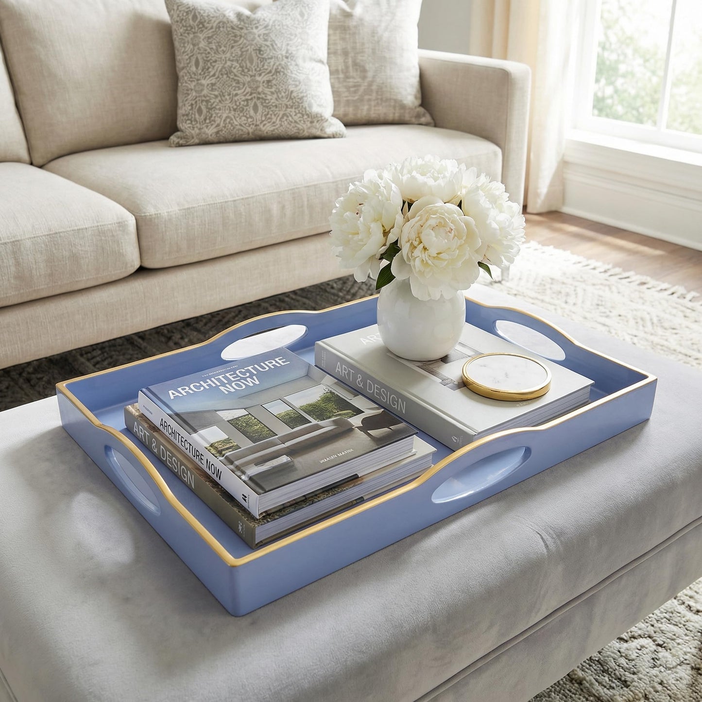 Umisriro Blue Serving Tray with 4 Handles, Plastic Decorative Tray for Coffee Table, Ottoman - Ideal for Living Room & Bathroom. 15” x 11” x 1.9”