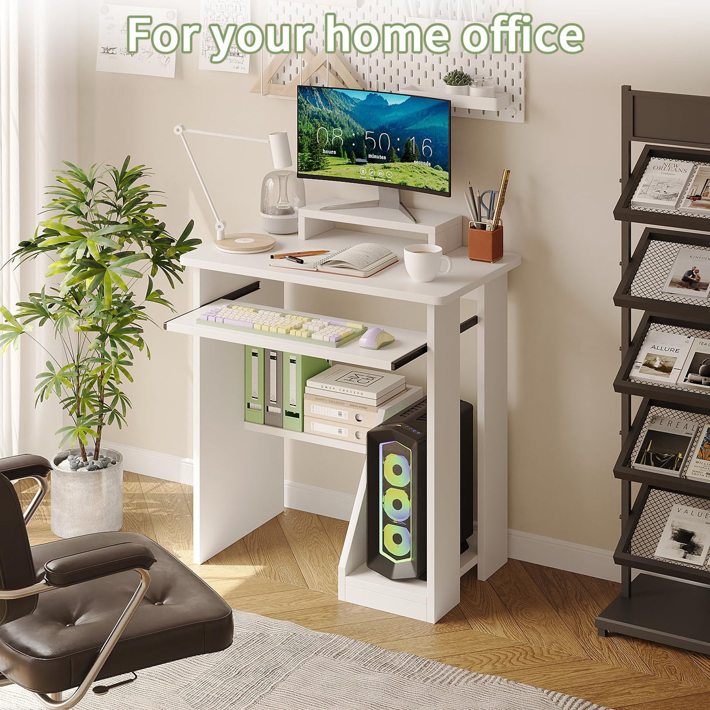 ALISENED Computer Desk, 30 Inch Compact Desk with Keyboard Tray & Monitor Stand for Space-Saving, Ergonomic Study Desk with Storage Shelves for Writing, Gaming, Working, White