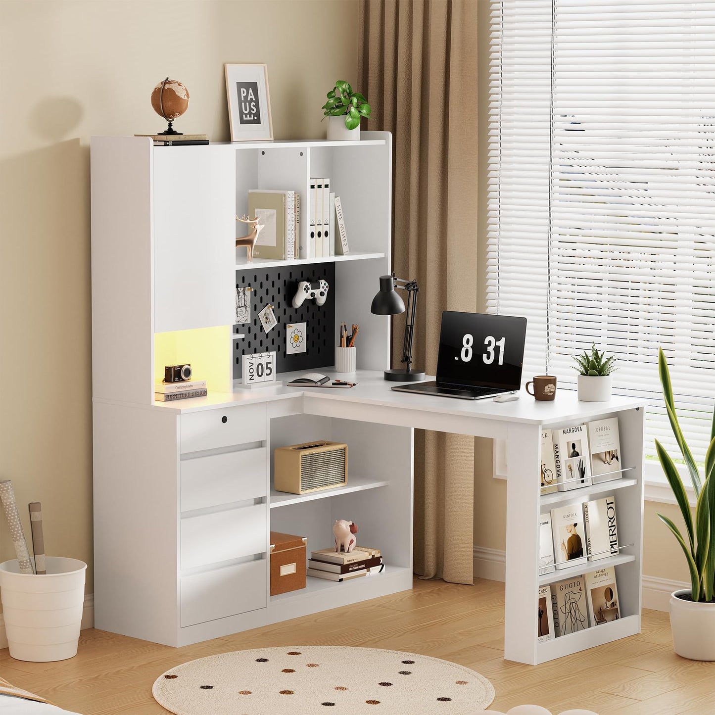 BAYYELL L-Shaped Corner Desk with Hutch, Charging Station, 4 Drawers and Storage Cabinet, Pure White & Right Side Table