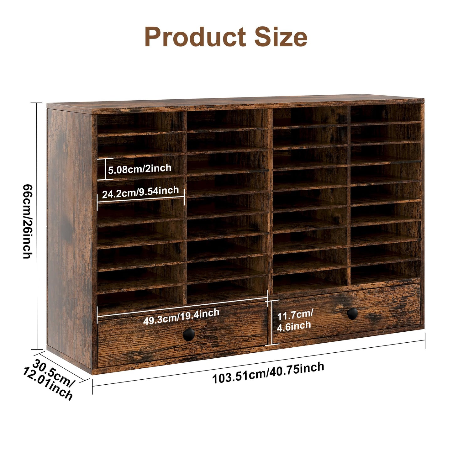 TQAVI Wood Classroom Mailbox 36 Compartments with 2 Drawer, Large Paper Organizer with Adjustable Shelves to Sorting Literature Bill, A4 Size File Organizer for Office School Home, Antique Brown
