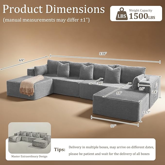 138" Cloud Sectional Couch, Comfort U Shaped Sofa