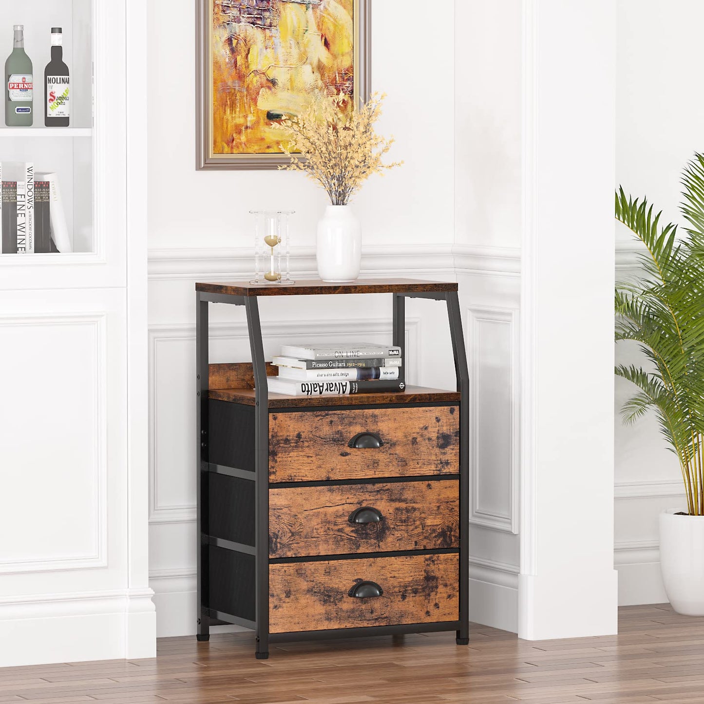 Furnulem Nightstand with 3 Drawers and 2-Tier Shelf, Fabric Small Dresser Organizer Vertical Storage Tower for Bedroom, Closet, Hallway, Nursery, End Table Side Furniture, Sturdy Steel Frame, Wood Top